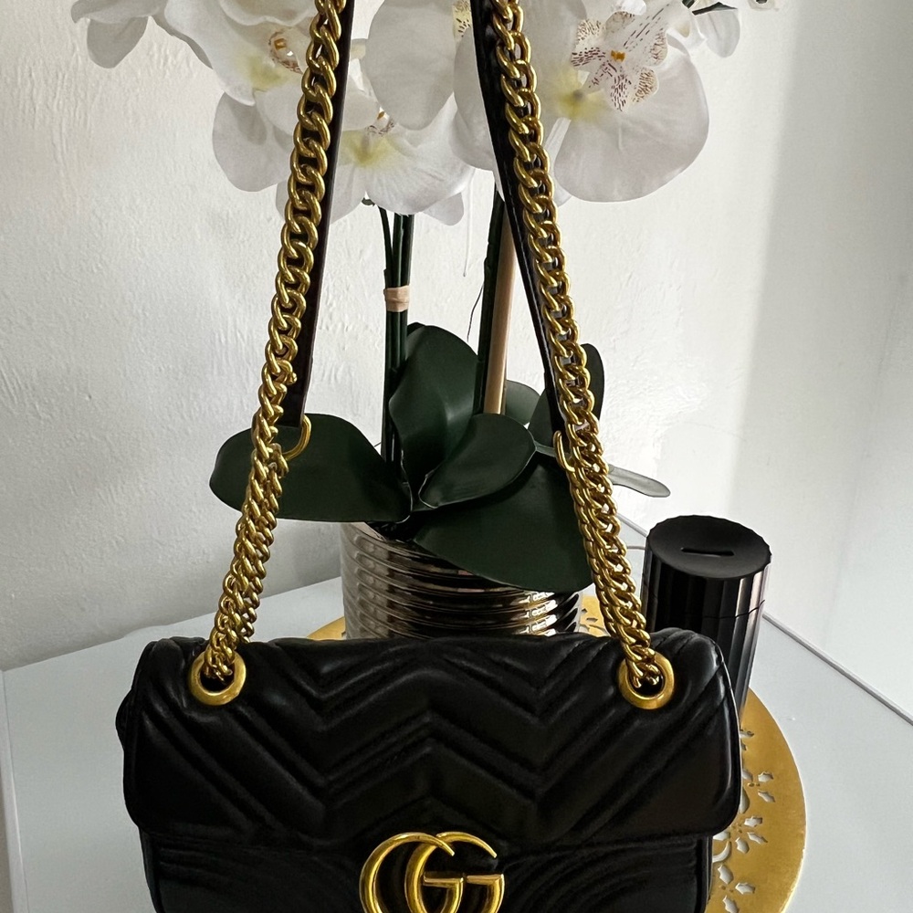Gucci Black Chevron Bag with Gold Chain